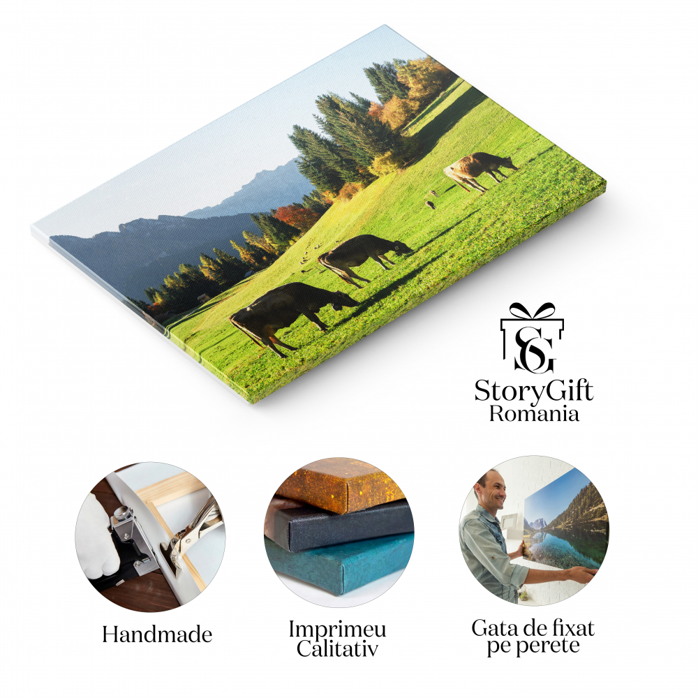 Tablou Canvas cu Vaci in Dolomiti - Peisaj Alpin in Lumina Soarelui 40x25CM [2]