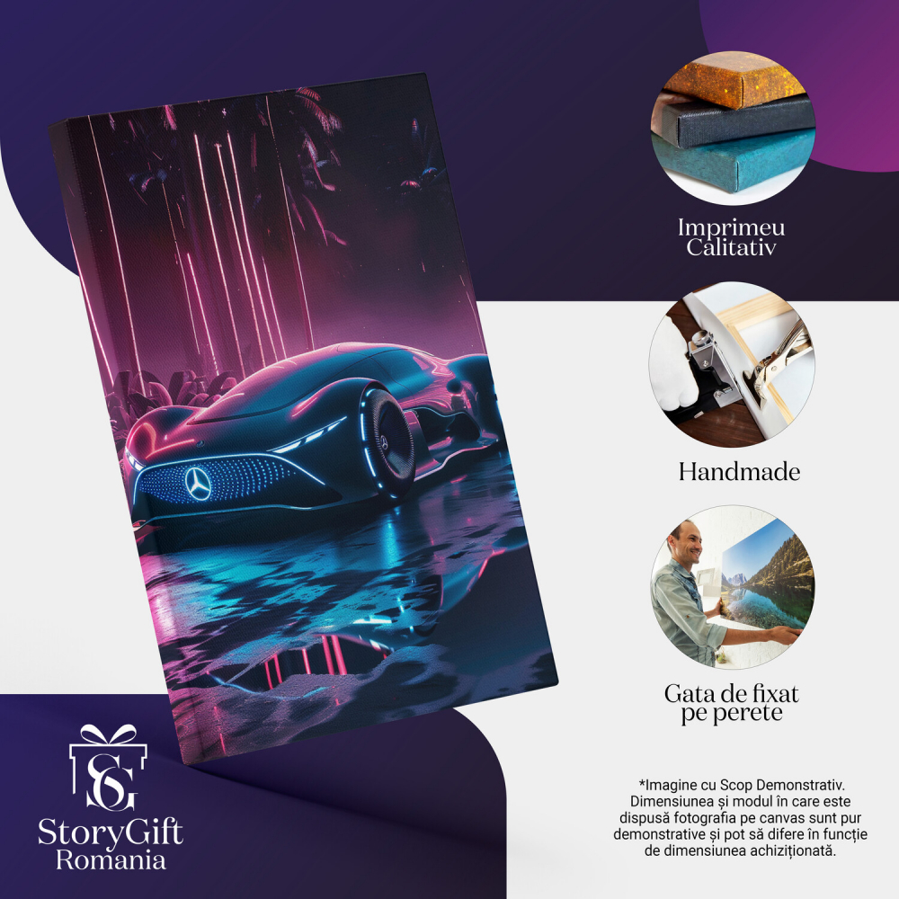 Tablou Canvas - Culori Roz și Albastru Reflectate pe o Mașină Futuristă: Reflexia Viitorului, Marime 40x25CM [2]