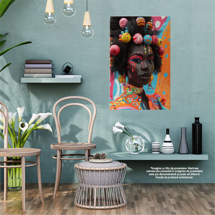 Tablou Canvas  Culorile din Africa Femeie Pictata pe Fata in Bluza Colorate si Mingi in Par si Cercei Colorati , Pictura Digitala 40x25CM [2]