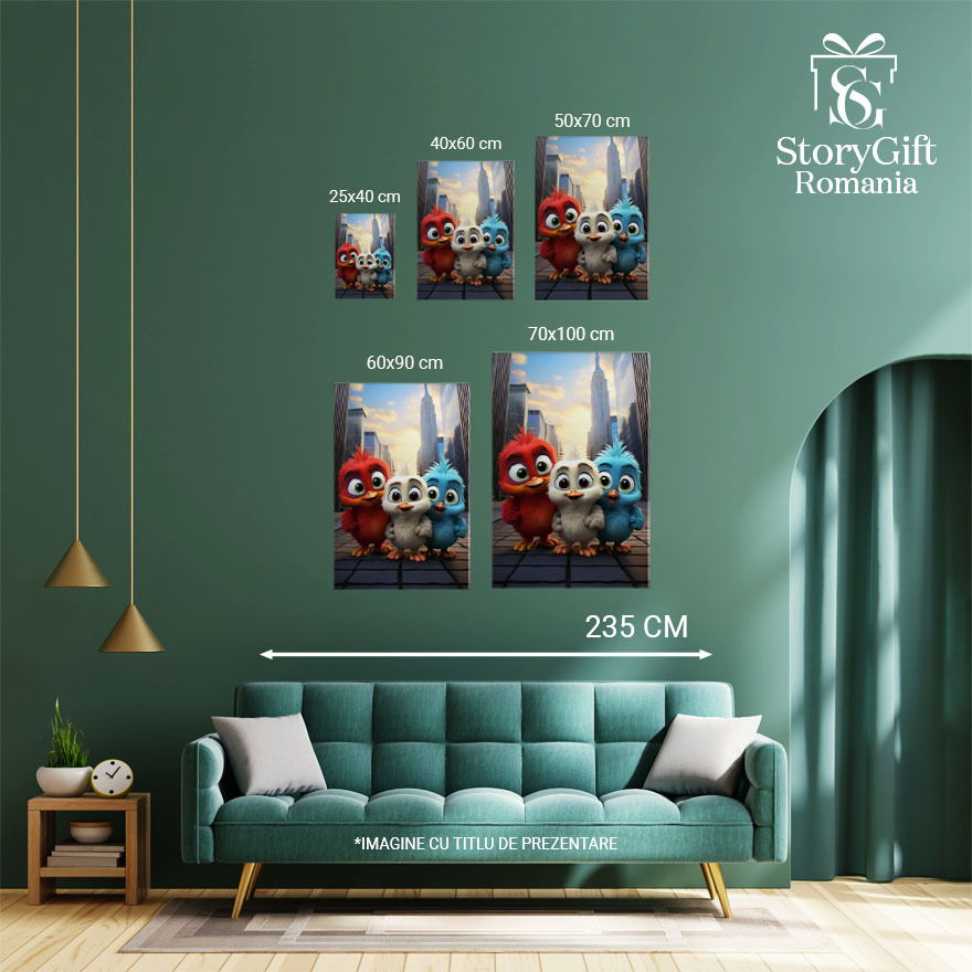 Tablou Canvas:  Cute Birds cele Trei Pasari Prietene Dragute cu care se Plimba pe Strada cu Cladiri Pictura Digitala 40x25CM [4]