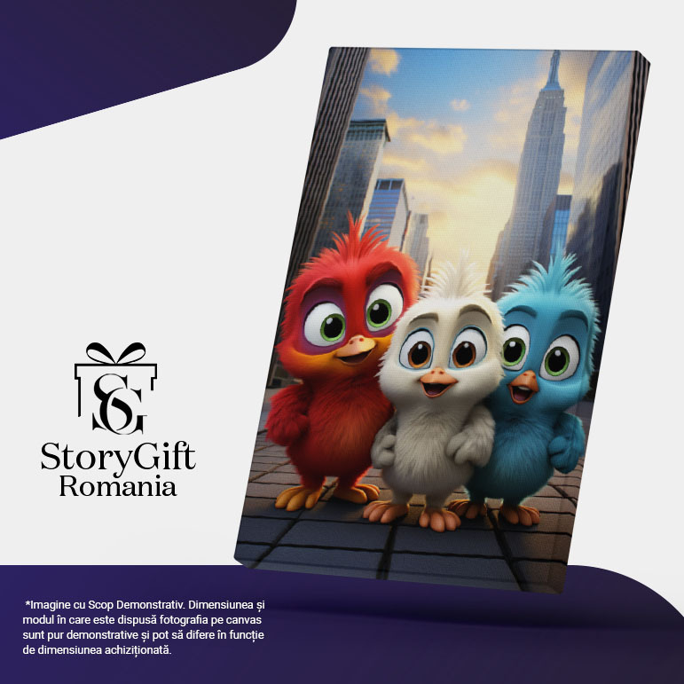 Tablou Canvas:  Cute Birds cele Trei Pasari Prietene Dragute cu care se Plimba pe Strada cu Cladiri Pictura Digitala 40x25CM [5]