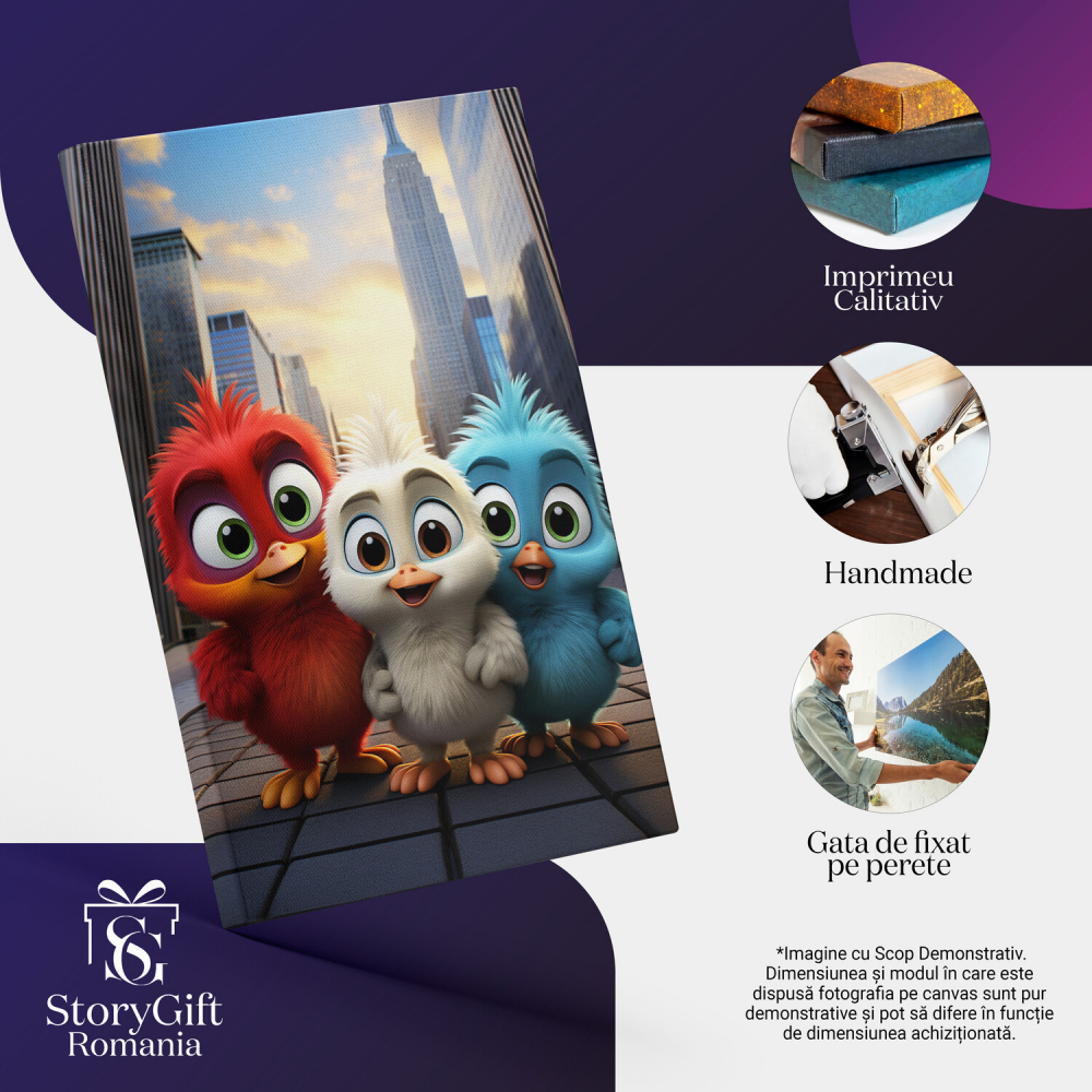 Trei Păsări Prietene Plimbându-se pe Stradă - Pictură Digitală, Marime 40x25CM [2]