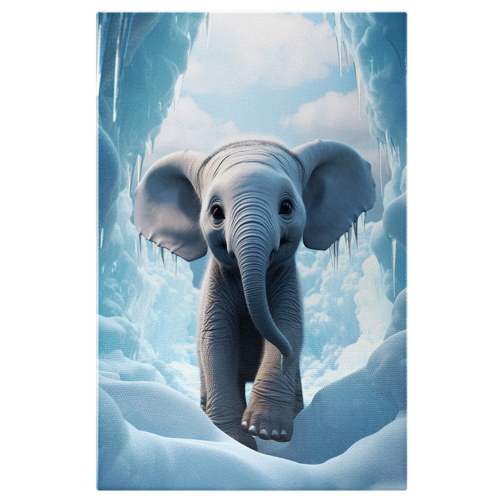 Elefant Drăgălaș în Peșteră cu Zăpadă și Țurțuri de Gheață - Pictură Digitală, Marime 40x25CM [1]