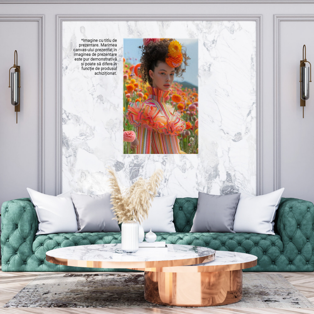 Fata cu Rochie Lunga în Câmpul de Dahlia, Marime 40x25CM [3]