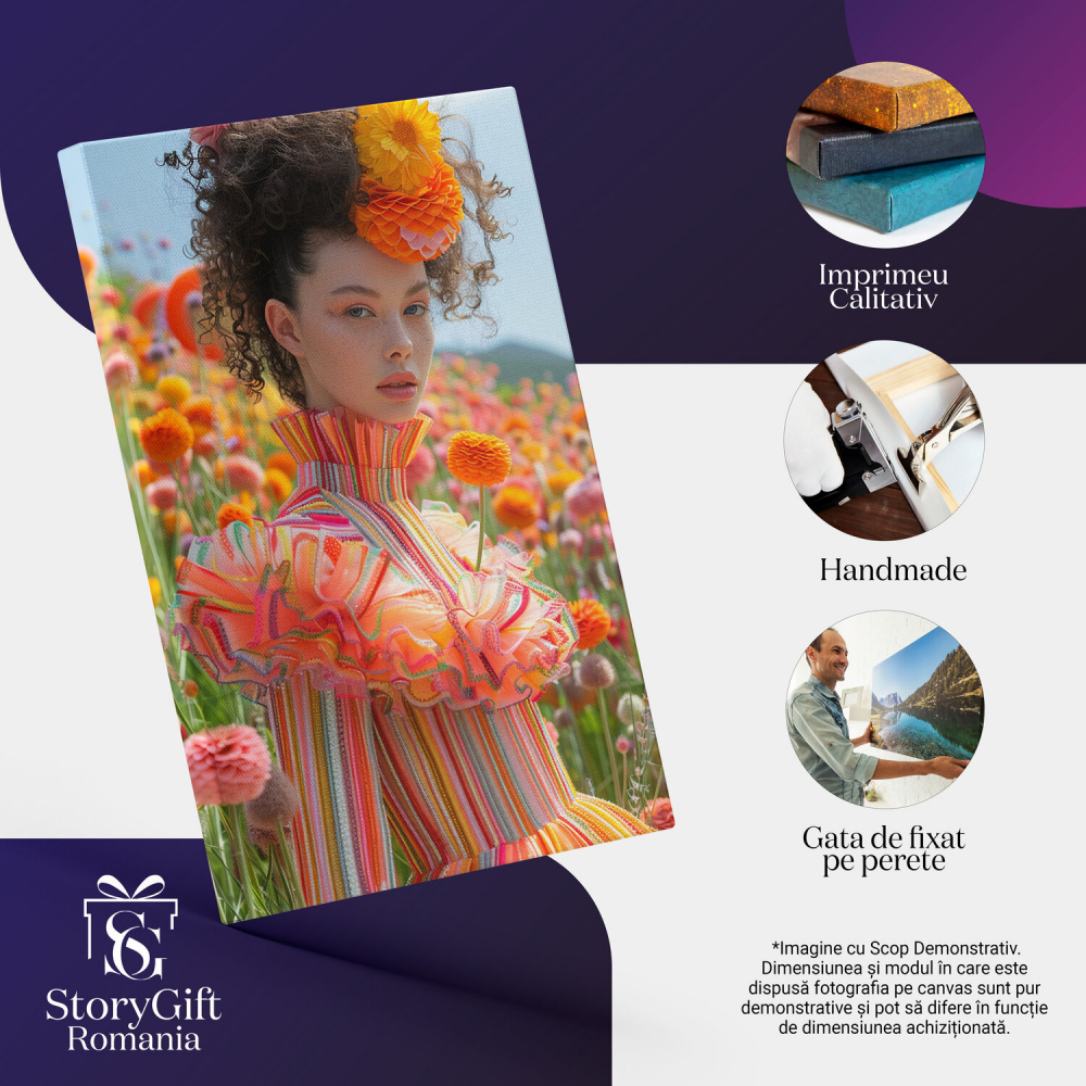 Fata cu Rochie Lunga în Câmpul de Dahlia, Marime 40x25CM [2]