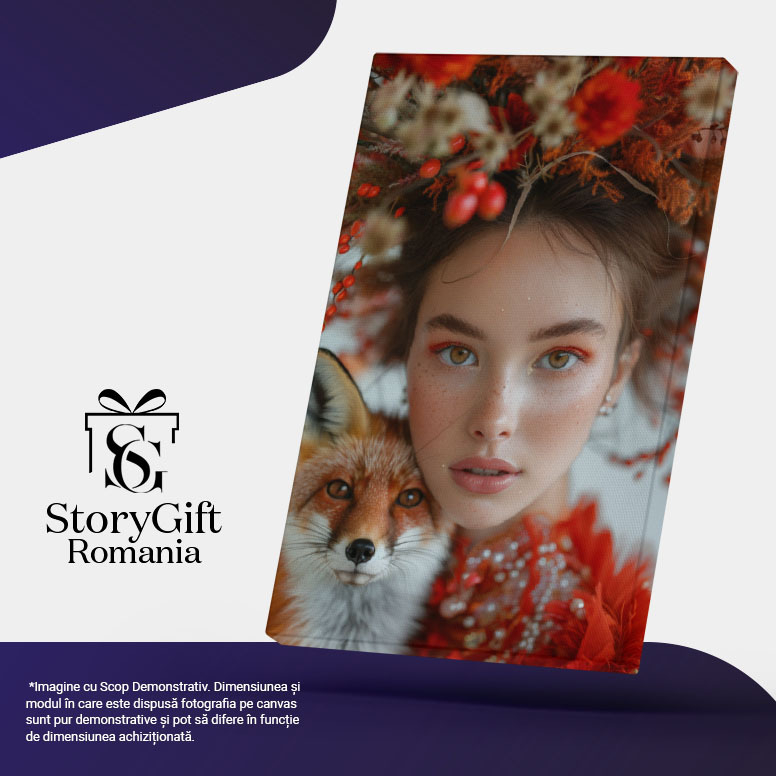 Tablou Canvas  Dama Incantatoare si o Vulpe cu Privire Curioasa, cu Ochii Senini si Pistrui in Rochie Rosie cu Cercei  , Pictura Digitala 40x25CM [5]