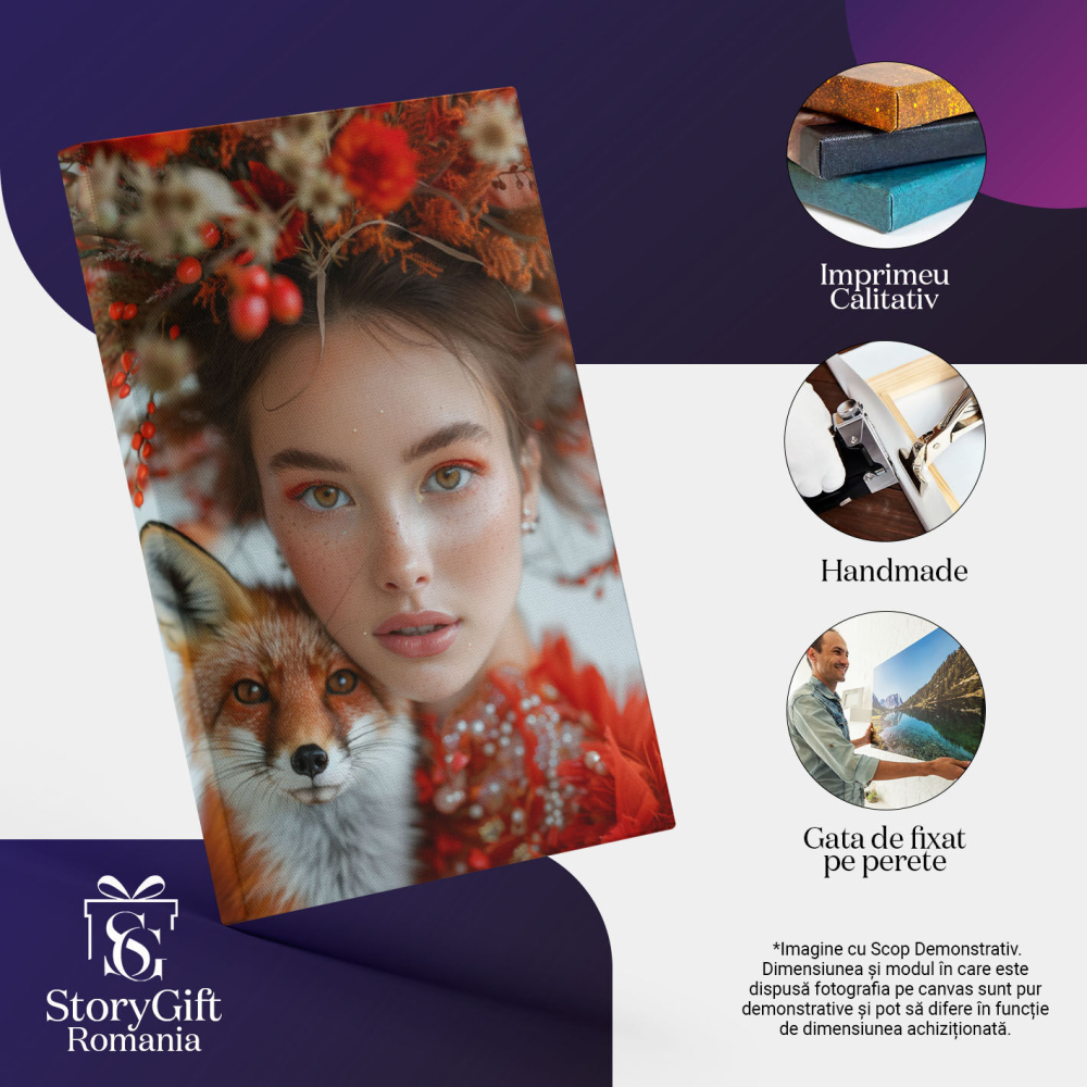Tablou Canvas  Dama Incantatoare si o Vulpe cu Privire Curioasa, cu Ochii Senini si Pistrui in Rochie Rosie cu Cercei  , Pictura Digitala 40x25CM [3]