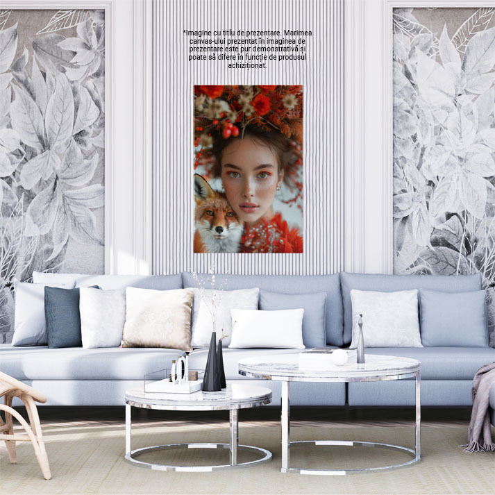 Tablou Canvas  Dama Incantatoare si o Vulpe cu Privire Curioasa, cu Ochii Senini si Pistrui in Rochie Rosie cu Cercei  , Pictura Digitala 40x25CM [2]