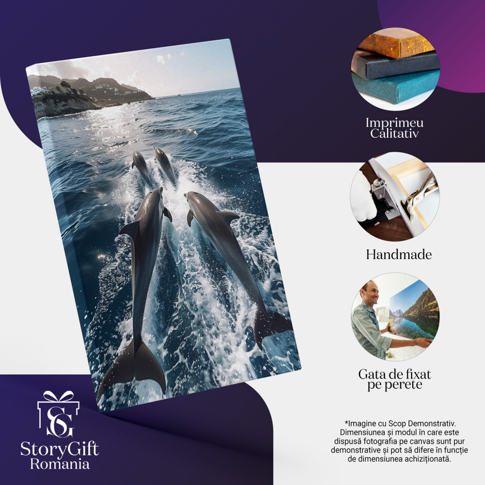 Dansul Gracios al Delfinilor Printre Valurile Albastre - Pictură Digitală cu Temă Marină, Marime 70x50CM [2]