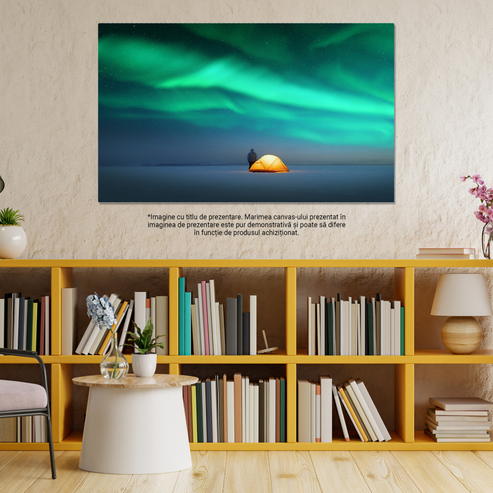 Tablou Canvas Dansul Luminilor Nordice: Aurora Boreală deasupra unui Cort în Cadru Iernatic Uimitor, Marime 40x25CM [3]