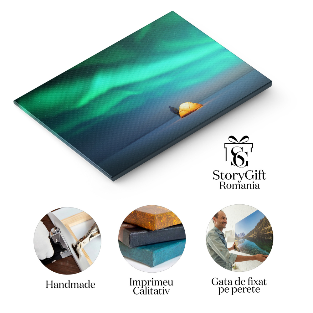 Tablou Canvas Dansul Luminilor Nordice: Aurora Boreală deasupra unui Cort în Cadru Iernatic Uimitor, Marime 40x25CM [2]