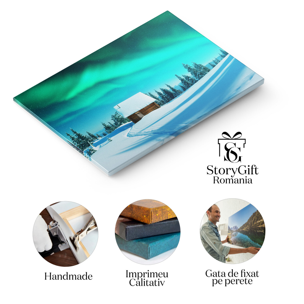 Dansul Luminilor Nordice: Aurora Boreală în Peisaj Iarnă, Marime 40x25CM [2]