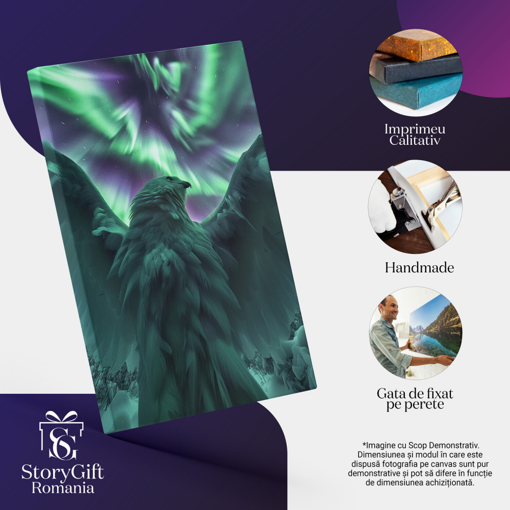 Vultur în Zbor Sub Aurora Boreală - Nuanțe de Verde și Mov, Marime 40x25CM [2]