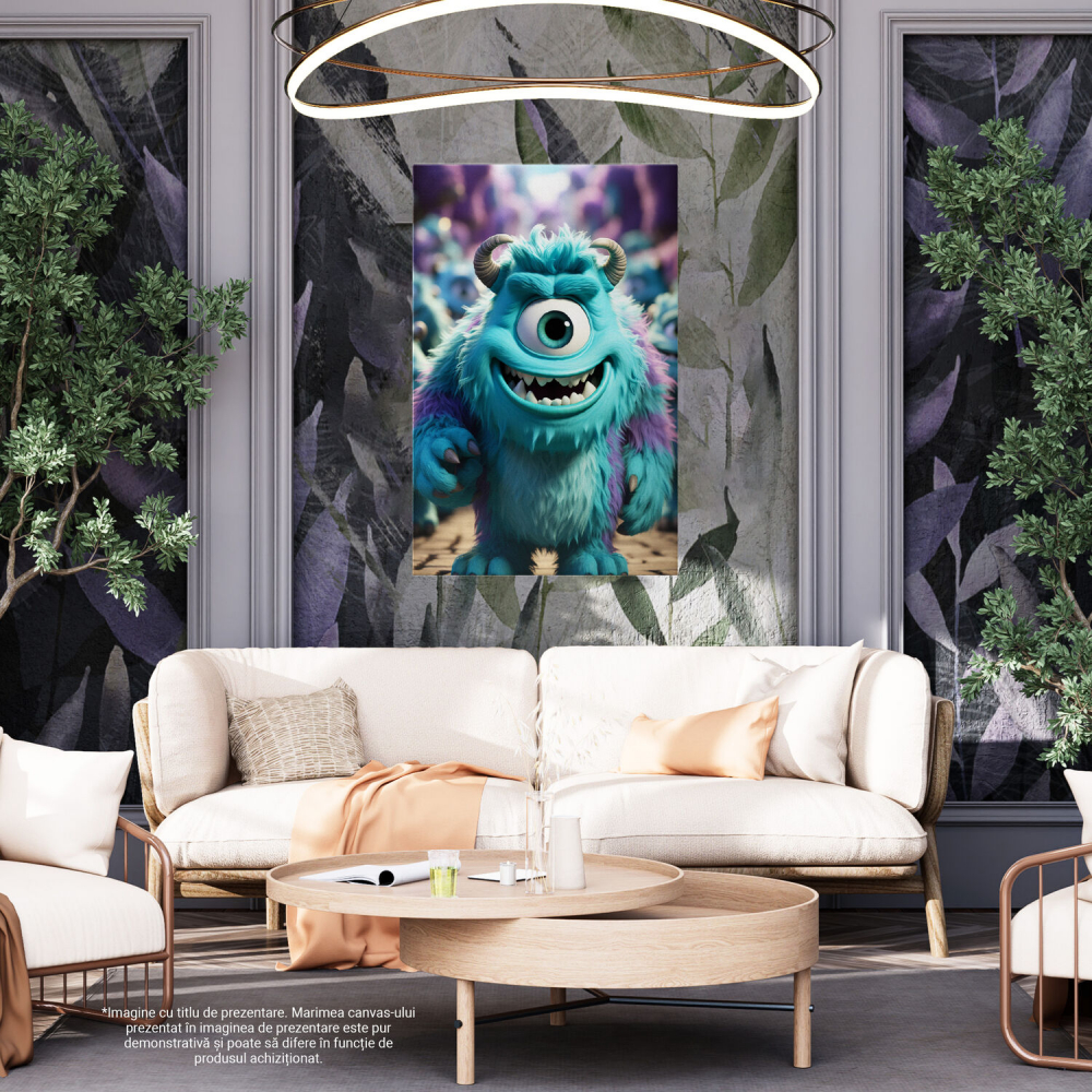 Tablou Canvas cu Monstruletul Vesel Albastru-Mov cu un Ochi și Coarne, Marime 40x25CM [4]