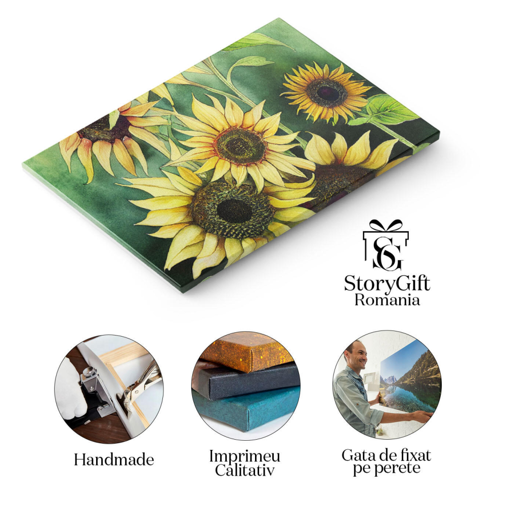 Tablou Canvas: Desen din creion cu flori galbene pe fundal verde - Buchet cu floarea soarelui 40x25CM [2]