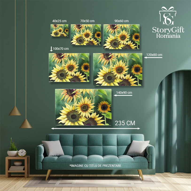 Tablou Canvas: Desen din creion cu flori galbene pe fundal verde - Buchet cu floarea soarelui 40x25CM [5]