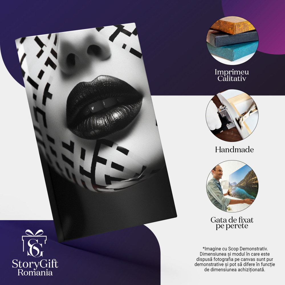 Tablou Canvas: Detaliu buze  Arta, Frumusete, Alb-negru,, Accesoriu de moda, Design grafic, Pictura Digitala 40x25CM [3]