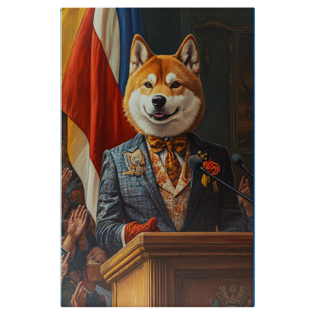  Tablou Canvas Personalizat Șef De Stat Sacou Albastru Fundă PortocalieMarime 120x80CM [1]