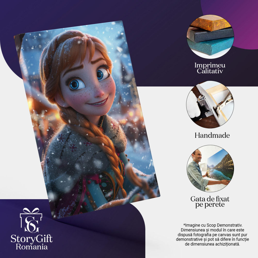 Tablou Canvas:  Disney Frozen Ana cu Privire Gingasa si Ochi Mari Cu Zambetul Sclipitor Acoperita de Zapada Pictura Digitala 40x25CM [3]