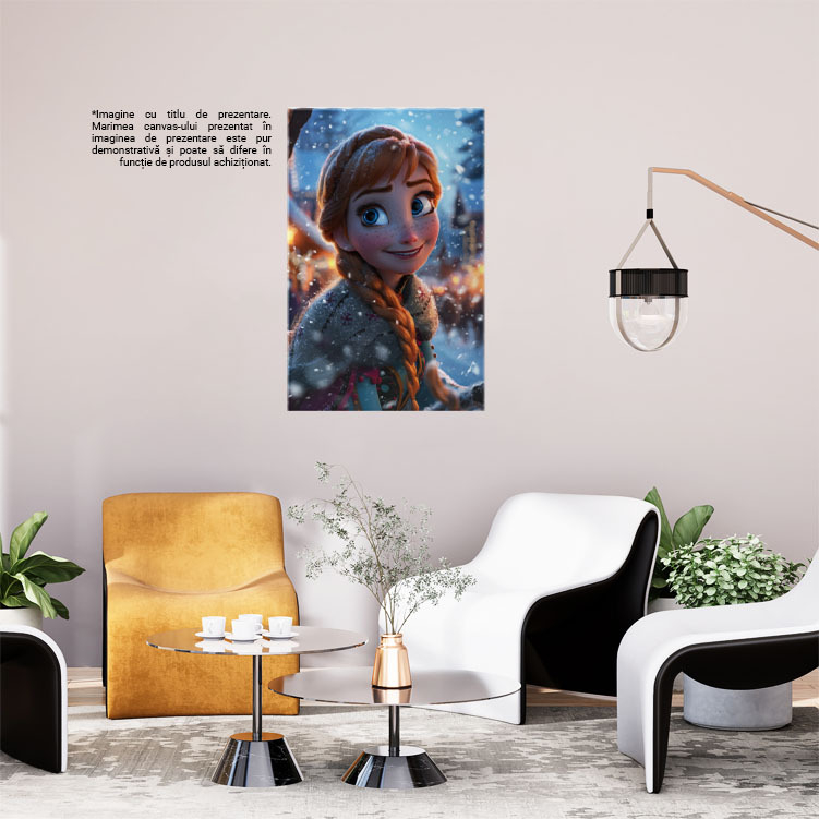 Tablou Canvas:  Disney Frozen Ana cu Privire Gingasa si Ochi Mari Cu Zambetul Sclipitor Acoperita de Zapada Pictura Digitala 40x25CM [2]