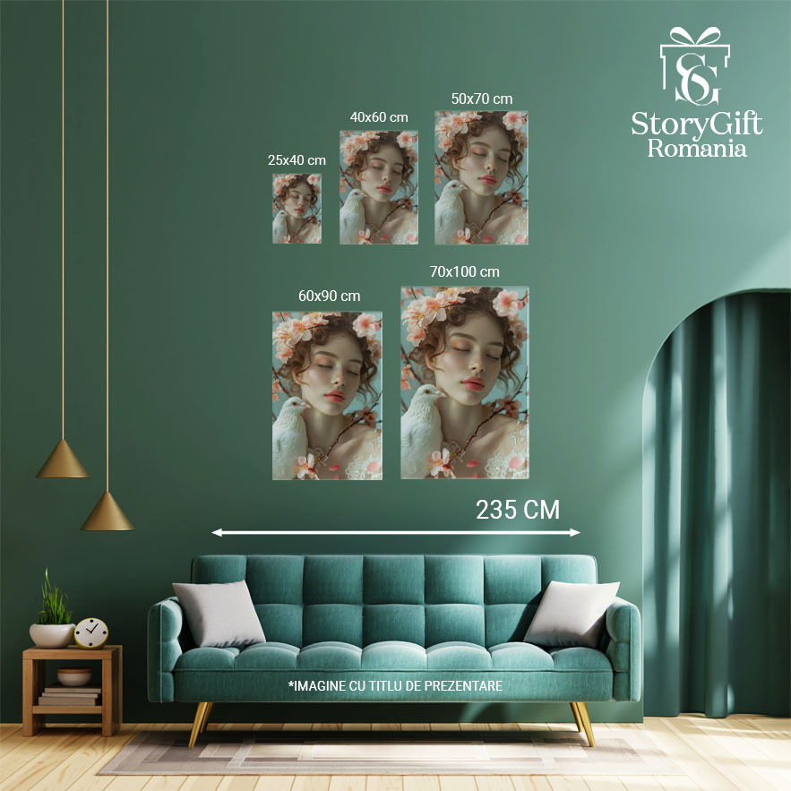 Tablou Canvas  Doamna Blanda cu Buze Mari si Ochii Inchisi Alaturi de un Porumbel Alb Invaluita in Flori de Cires , Pictura Digitala 40x25CM [4]