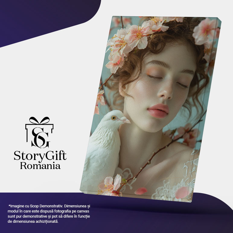 Tablou Canvas  Doamna Blanda cu Buze Mari si Ochii Inchisi Alaturi de un Porumbel Alb Invaluita in Flori de Cires , Pictura Digitala 40x25CM [5]