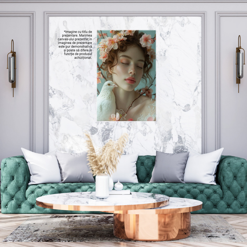 Tablou Canvas Femeia cu Buze Mari, Ochii Închiși și Porumbel Alb, Înconjurată de Flori de Cireș, Marime 40x25CM [3]