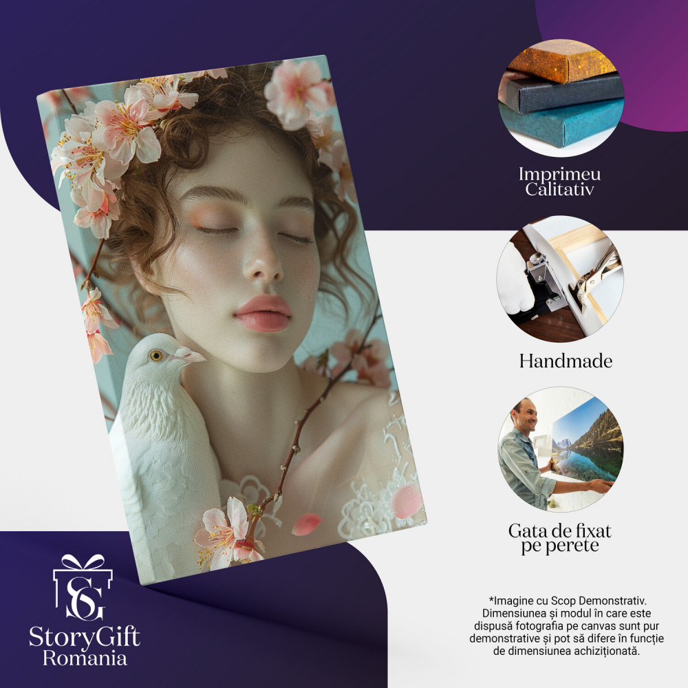 Tablou Canvas Femeia cu Buze Mari, Ochii Închiși și Porumbel Alb, Înconjurată de Flori de Cireș, Marime 40x25CM [2]