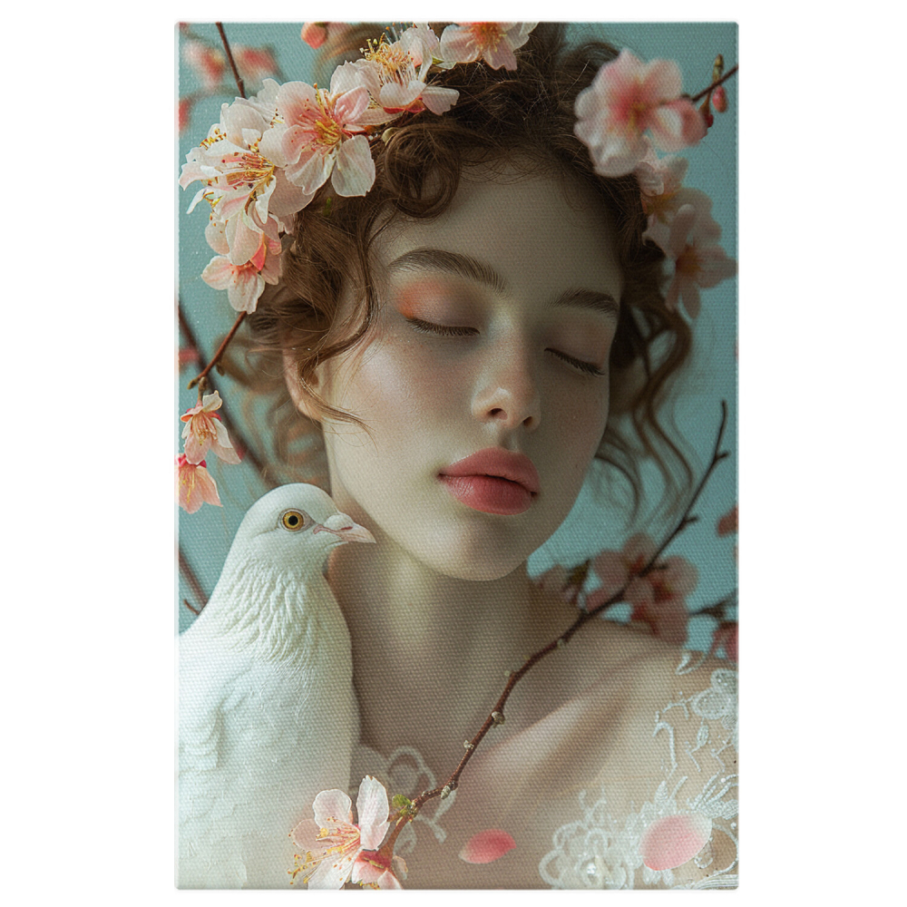 Tablou Canvas Femeia cu Buze Mari, Ochii Închiși și Porumbel Alb, Înconjurată de Flori de Cireș, Marime 40x25CM [1]