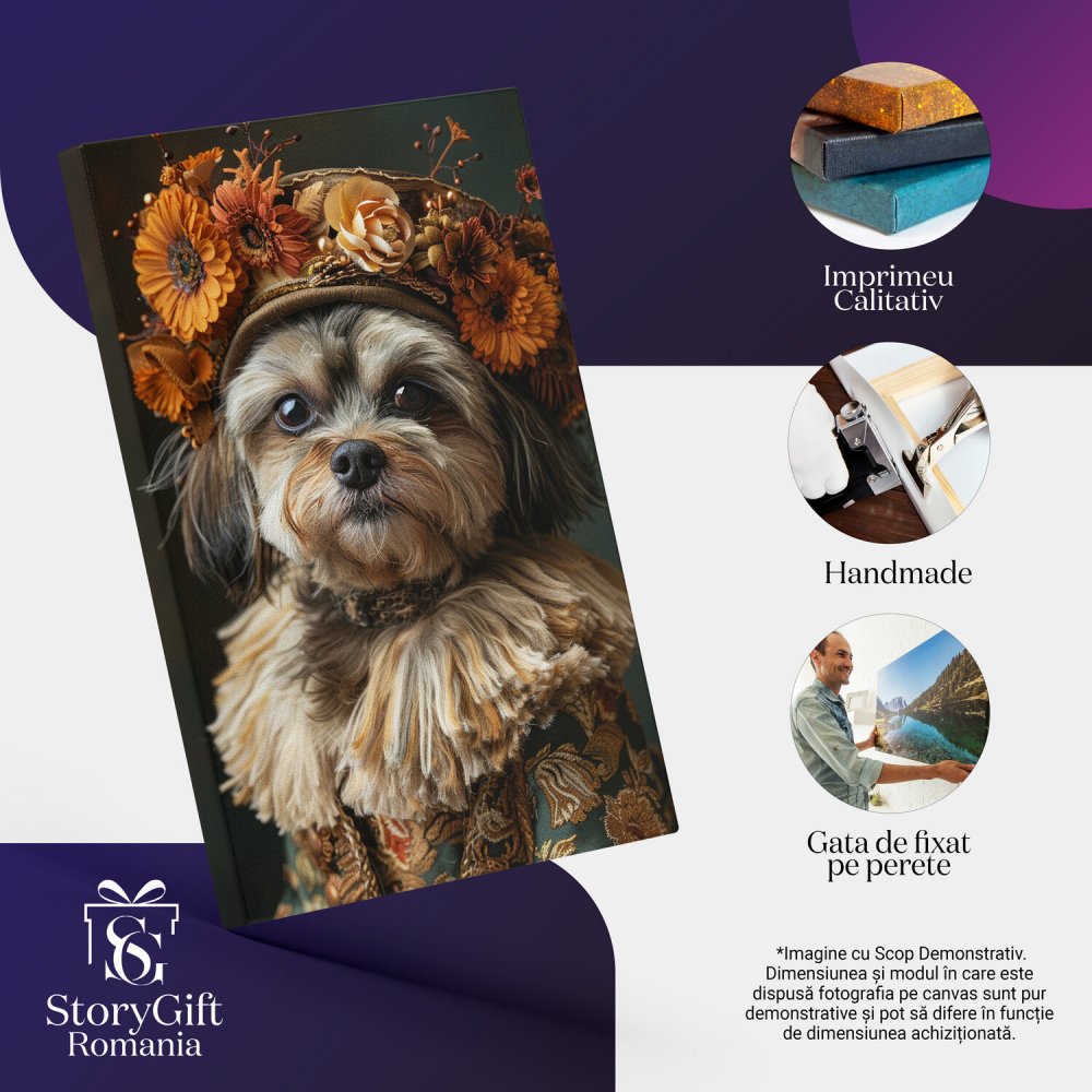 Tablou Canvas Doamna Cățelușă cu Blană Pufoasă, Pălărie cu Flori și Costum Elegant | Pictură Digitală, Marime 40x25CM [2]