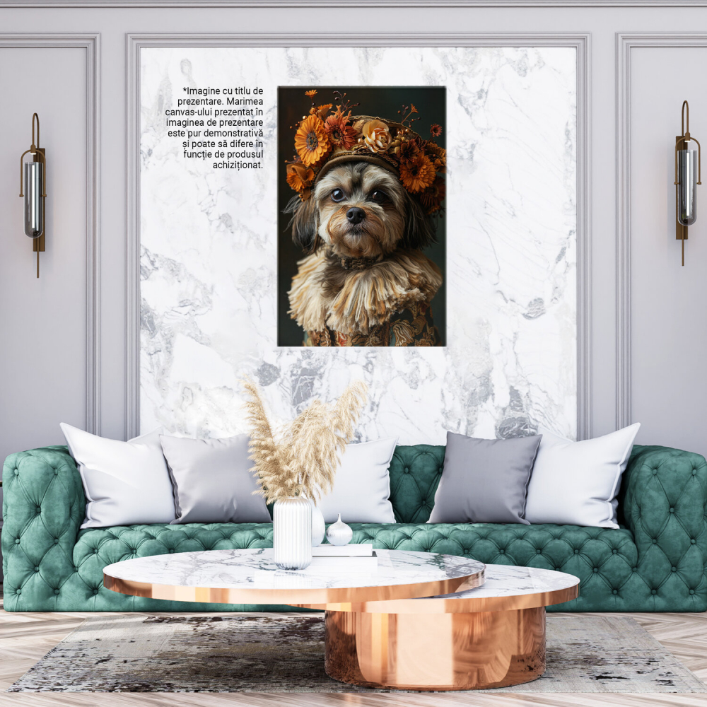 Tablou Canvas Doamna Cățelușă cu Blană Pufoasă, Pălărie cu Flori și Costum Elegant | Pictură Digitală, Marime 40x25CM [3]