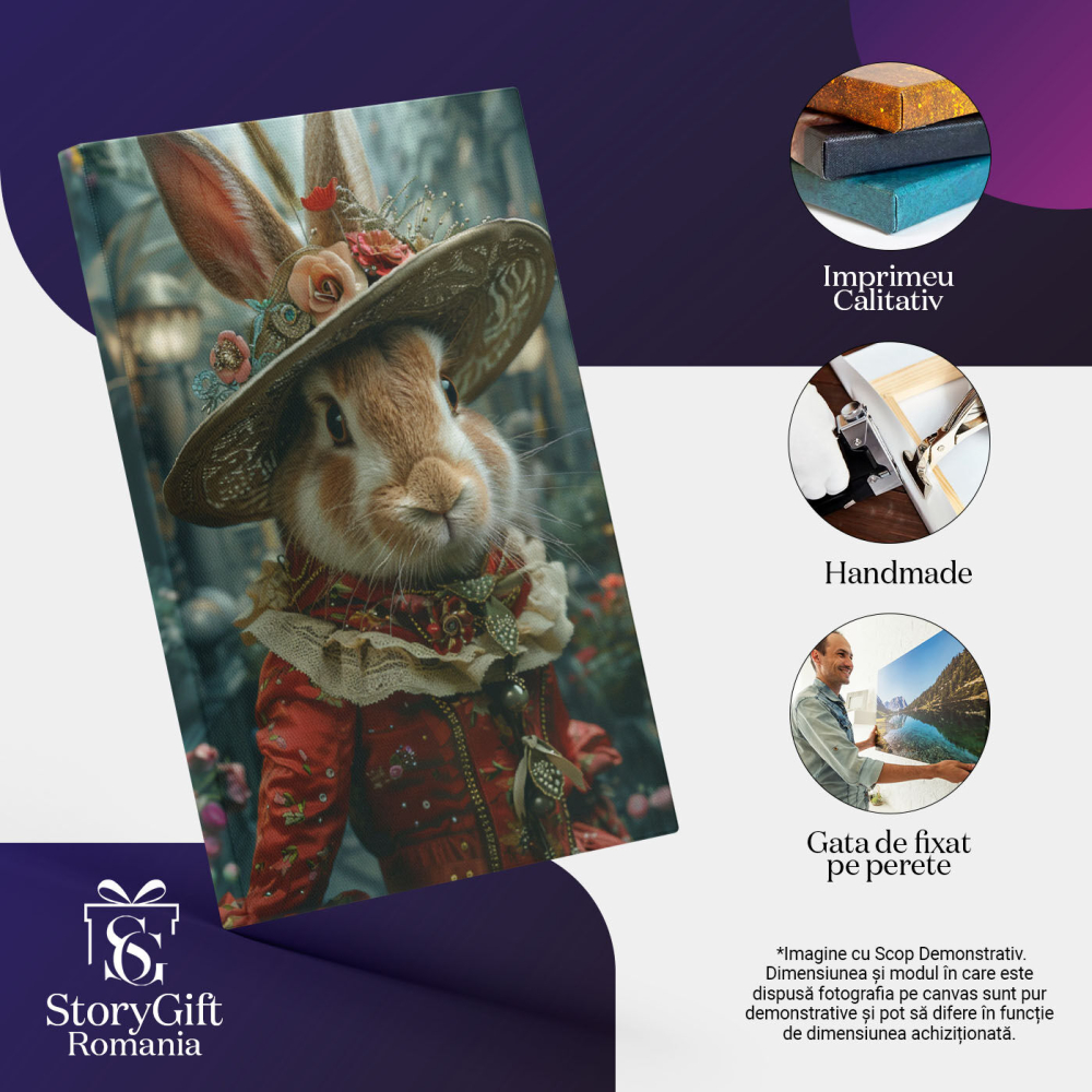 Tablou Canvas  Doamna Iepuroaica cu Urechile Ascutite si Palarie cu Flori in Rochie Regala Rosie cu Floricele , Pictura Digitala 40x25CM [3]