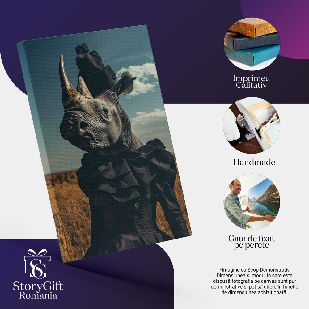 Doamna Rinocer cu Pălărie și Rochie Neagră - Tablou Canvas Digital, Marime 40x25CM [2]