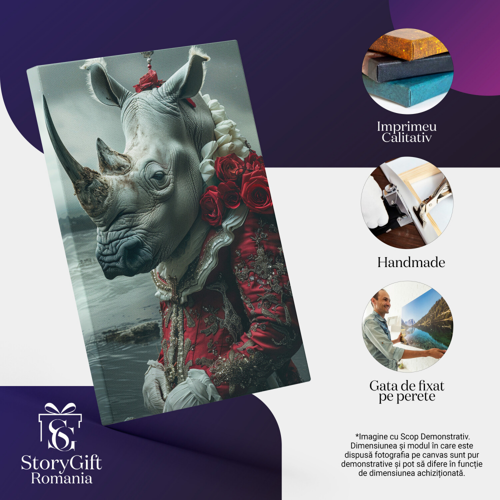 Doamna Rinocer cu Rochie Regală Roșie și Trandafiri - Tablou Canvas, Marime 40x25CM [2]