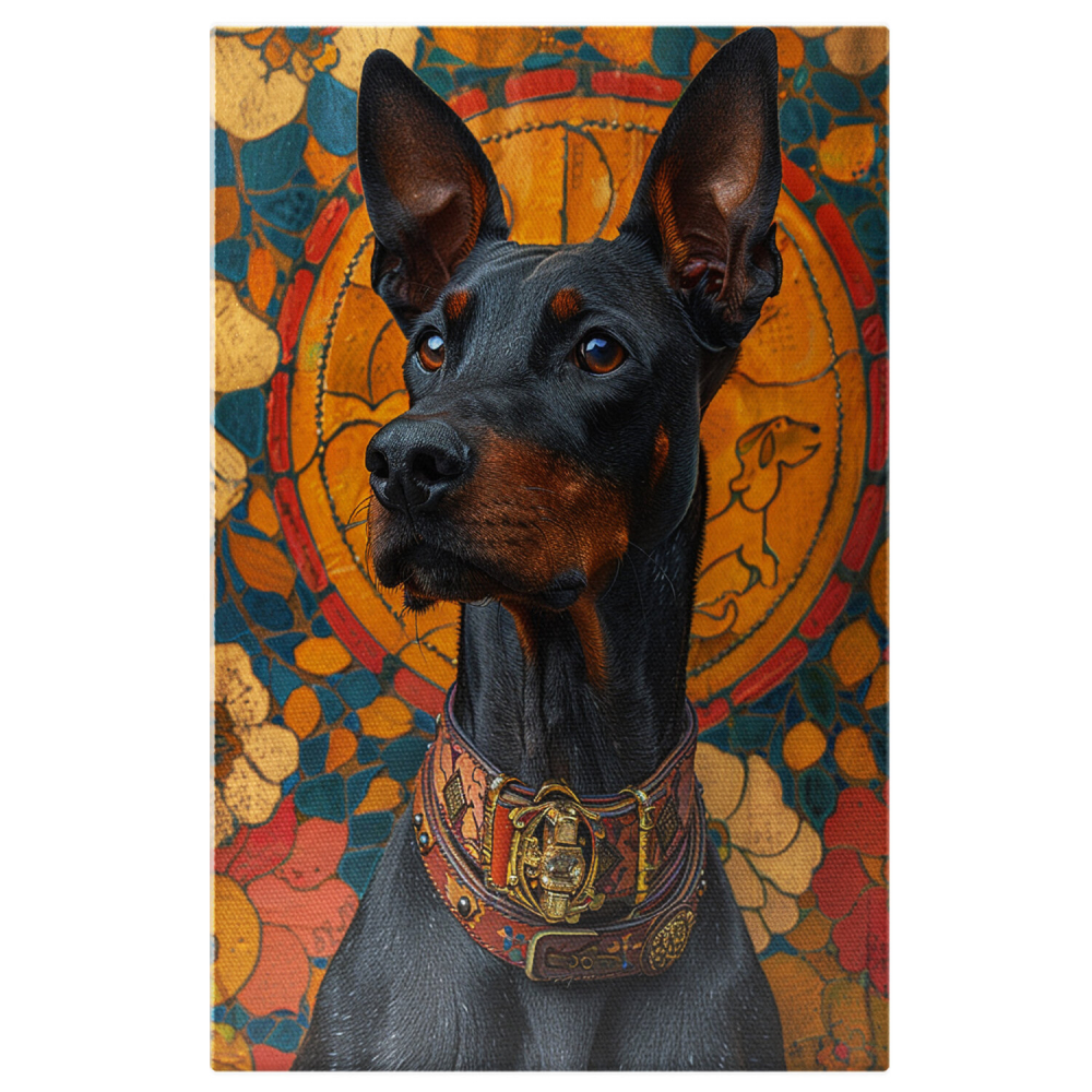 Tablou Canvas Doberman Negru cu Zgarda Maro, Ochii Căprui și Privire Ațentă | Pictură Digitală, Marime 40x25CM [1]