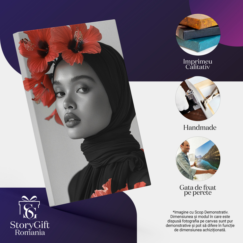 Domnișoara Arapcă cu Hijab Înfrumusețat cu Flori Roșii - Portret Modernist, Marime 40x25CM [2]