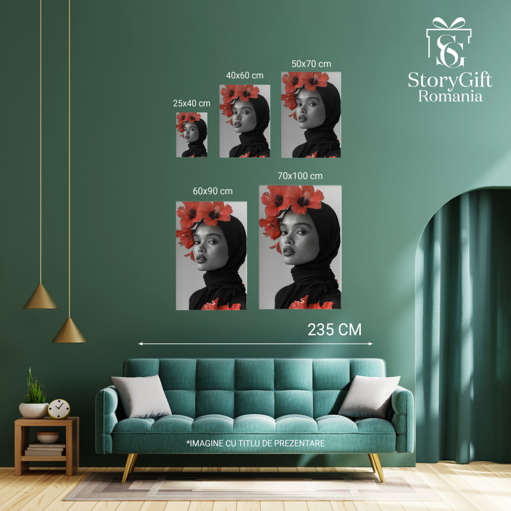 Domnișoara Arapcă cu Hijab Înfrumusețat cu Flori Roșii - Portret Modernist, Marime 40x25CM [4]