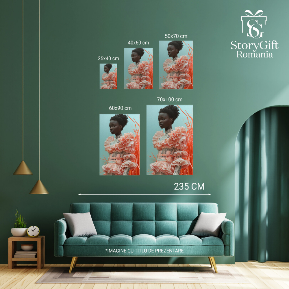 Domnișoara cu Scoici Textile - Tablou Canvas cu Rochie Roz Volane, Marime 40x25CM [4]