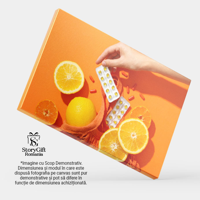 Tablou Canvas Doza de sanatate Vitamina C in tablete, servite alaturi de felii de portocala pe farfurie, pentru o rutina zilnica de ingrijire. 40x25CM [4]