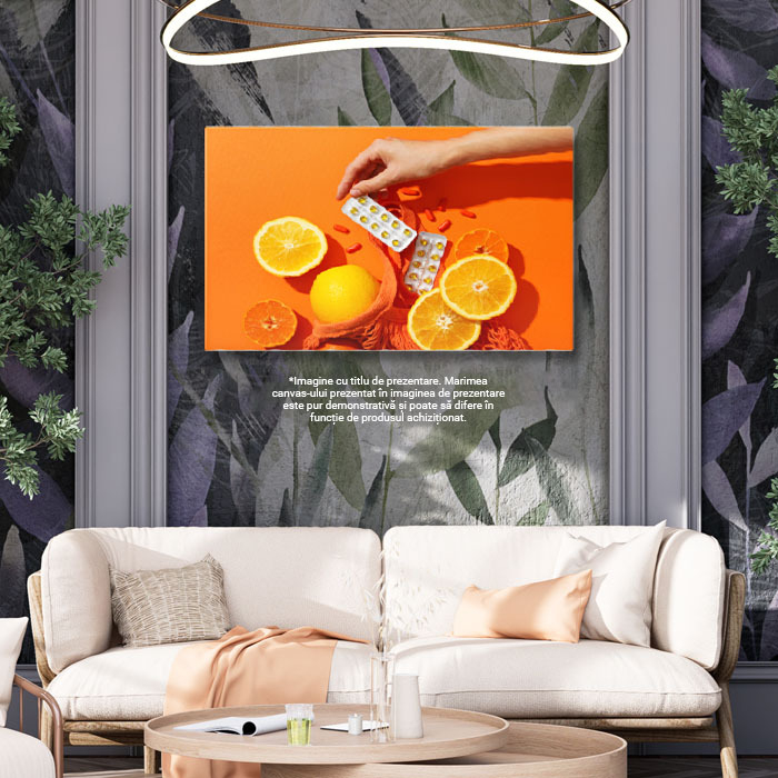 Tablou Canvas Doza de sanatate Vitamina C in tablete, servite alaturi de felii de portocala pe farfurie, pentru o rutina zilnica de ingrijire. 40x25CM [3]