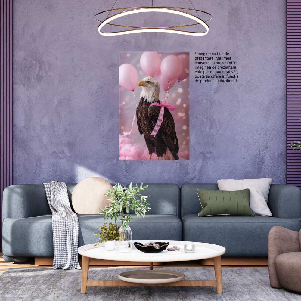 Tablou Canvas Vulturul Plesuv cu Baloane Legate de Aripi - Dulcegării și Pufosenii în Nuante de Roz, Marime 90x60CM [3]