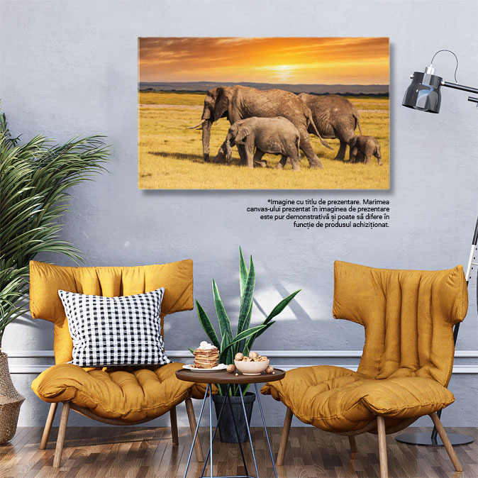 Tablou Canvas Elefanti cu Elefanti Bebelusi in Parcul National din Kenya safari, apus, turma, familie, natura africana 1821 40x25CM [3]