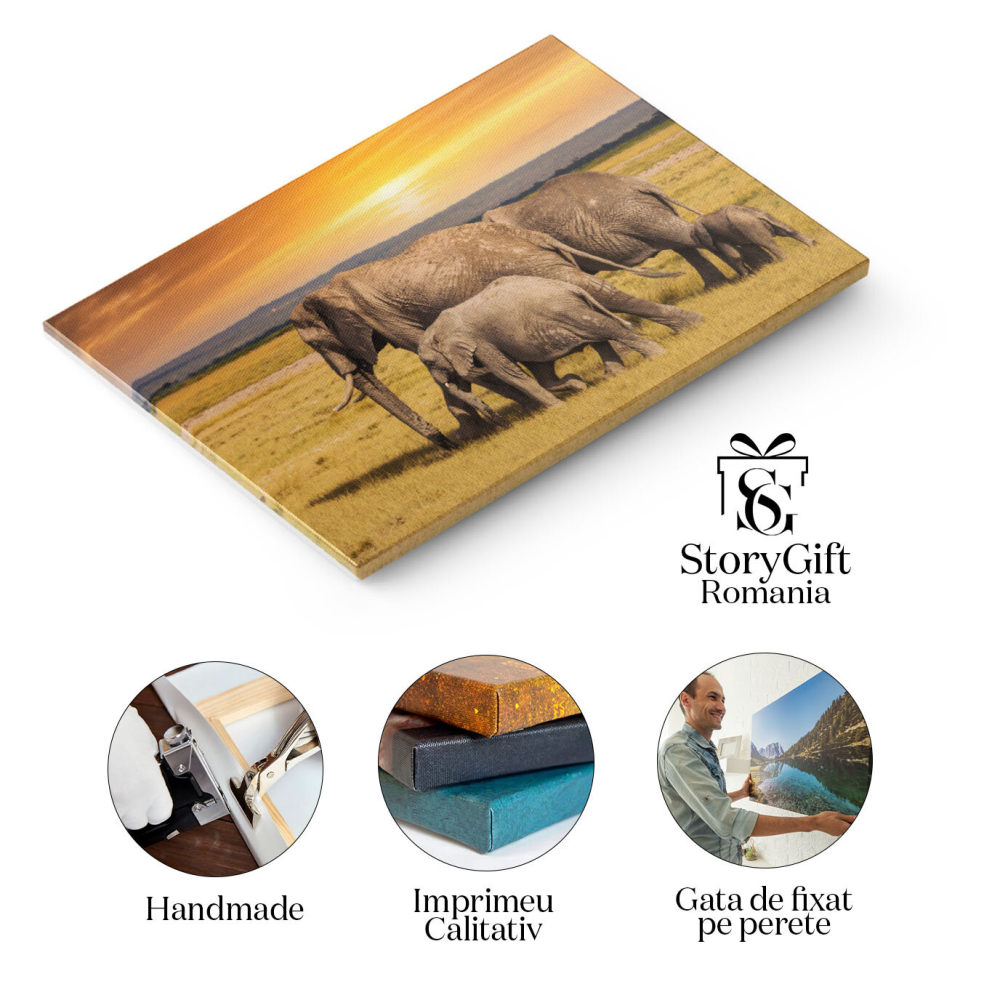 Tablou Canvas Elefanti cu Elefanti Bebelusi in Parcul National din Kenya safari, apus, turma, familie, natura africana 1821 40x25CM [2]