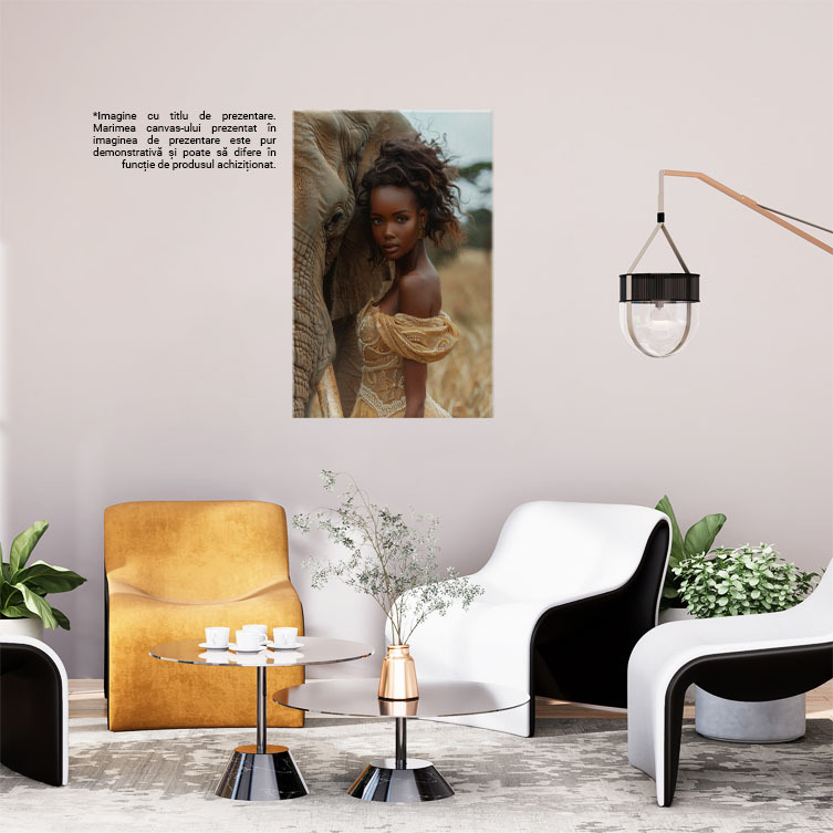 Tablou Canvas  Elefantul cu Ochii Intristati si Coarne Mari care sta langa Fata Africana cu Cercei in Rochie Galbena , Pictura Digitala 40x25CM [2]