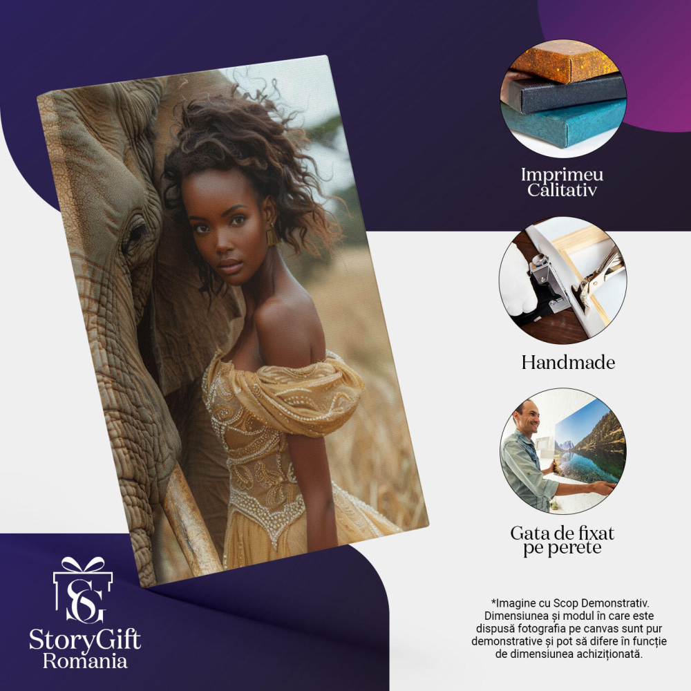 Tablou Canvas  Elefantul cu Ochii Intristati si Coarne Mari care sta langa Fata Africana cu Cercei in Rochie Galbena , Pictura Digitala 40x25CM [3]
