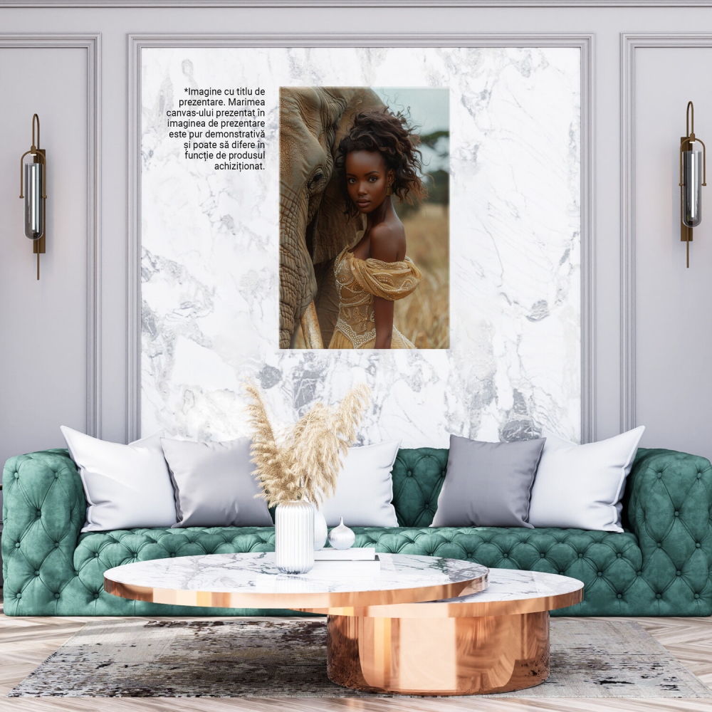 Elefant cu Ochii Triști și Fata Africană în Rochie Galbenă, Marime 40x25CM [3]