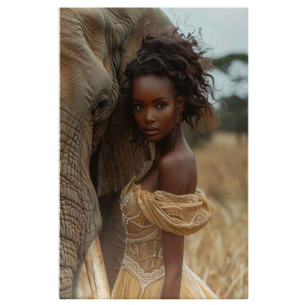 Elefant cu Ochii Triști și Fata Africană în Rochie Galbenă, Marime 40x25CM [1]