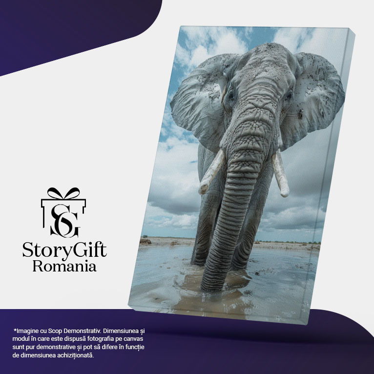 Tablou Canvas Elefantul Gri în Apă Tărâmuri Întinse de Ape și Pământ Portret Singural , Pictura Digitala 40x25CM [5]
