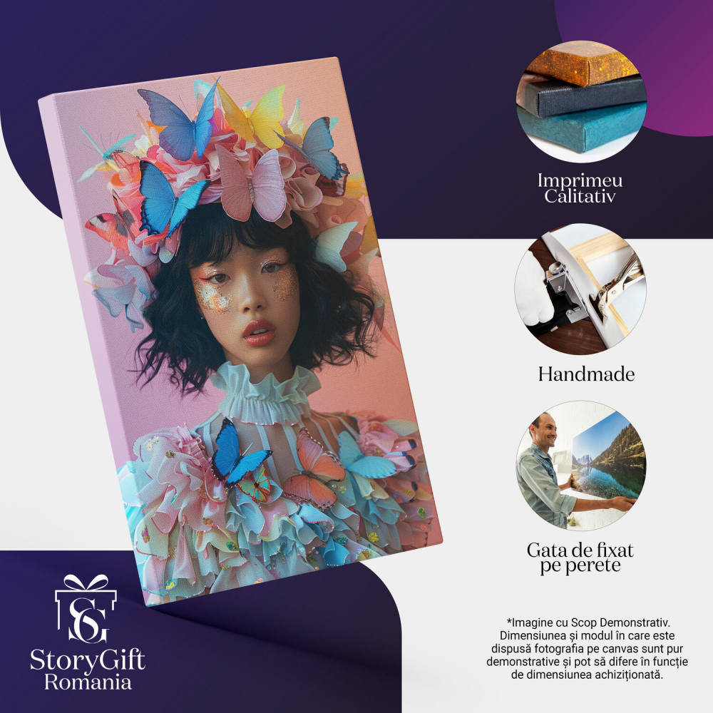 Eleganța Avangardei - Tablou Canvas cu Femeia cu Palarie din Fluturi și Machiaj Vibrant, Marime 40x25CM [2]