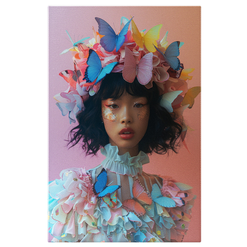 Eleganța Avangardei - Tablou Canvas cu Femeia cu Palarie din Fluturi și Machiaj Vibrant, Marime 40x25CM [1]